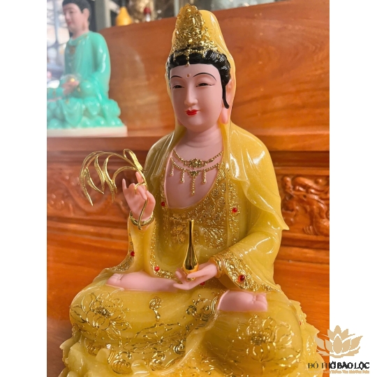 [12inch] Tượng Phật Quan Âm Ngồi Đài Sen Cao 30cm Đá Nhập Khẩu -Màu Vàng