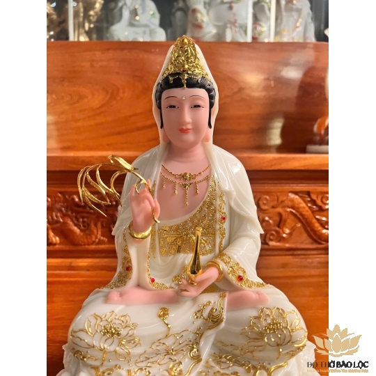 [12inch] Tượng Phật Quan Âm Ngồi Đài Sen Cao 30cm Đá Nhập Khẩu -Màu Trắng