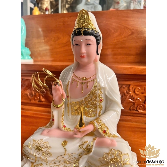 [12inch] Tượng Phật Quan Âm Ngồi Đài Sen Cao 30cm Đá Nhập Khẩu -Màu Trắng