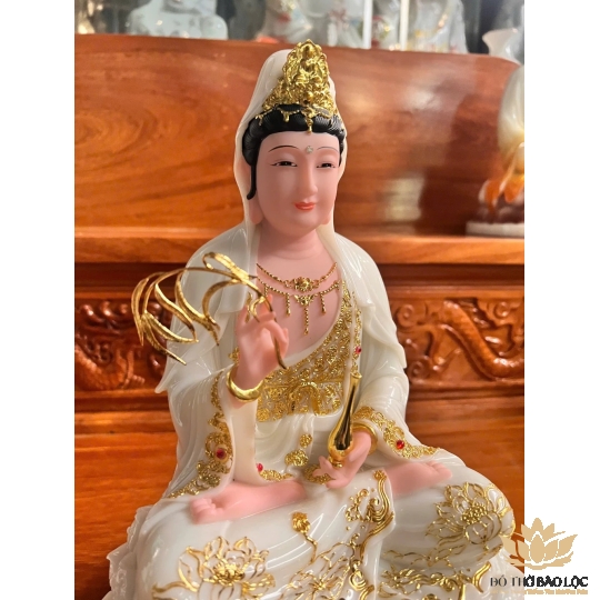 [12inch] Tượng Phật Quan Âm Ngồi Đài Sen Cao 30cm Đá Nhập Khẩu -Màu Trắng