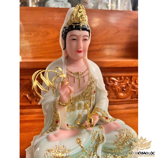 [12inch] Tượng Phật Quan Âm Ngồi Đài Sen Cao 30cm Đá Nhập Khẩu -Màu Trắng phối Xanh