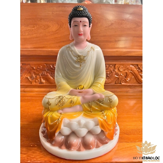 [12inch] Tượng Phật Thích Ca Ngồi Đài Sen Cao 30cm Đá Nhập Khẩu - Màu Trắng phối Vàng
