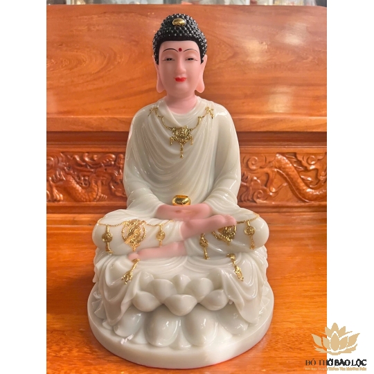 [12inch] Tượng Phật A Di Đà Ngồi Đài Sen Cao 30cm Đá Nhập Khẩu - Màu Trắng