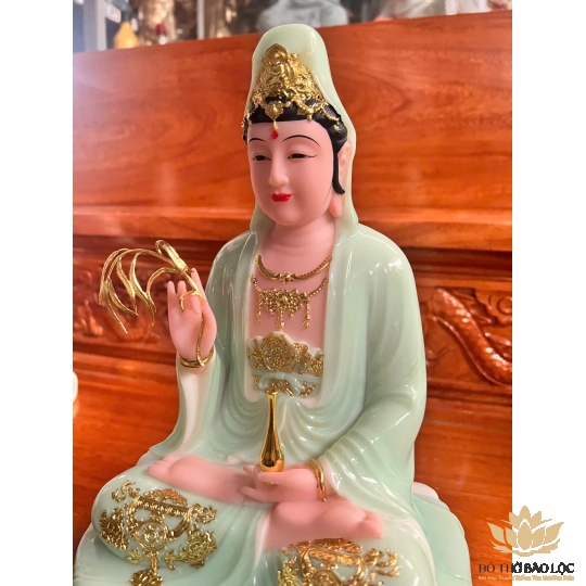 [12inch] Tượng Phật Quan Âm Ngồi Đài Sen Cao 30cm Đá Nhập Khẩu -Màu Xanh Ngọc