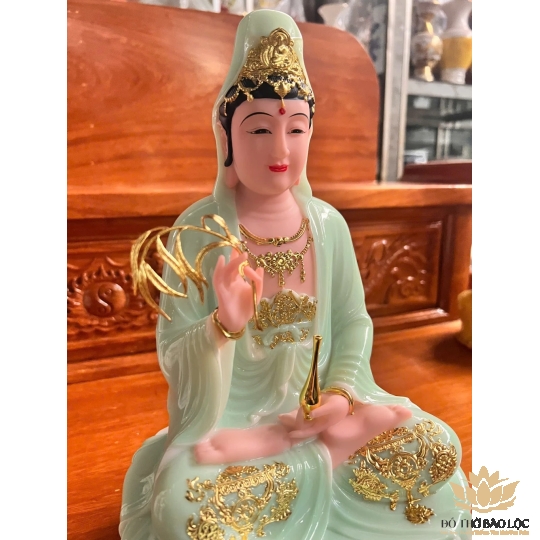 [12inch] Tượng Phật Quan Âm Ngồi Đài Sen Cao 30cm Đá Nhập Khẩu -Màu Xanh Ngọc