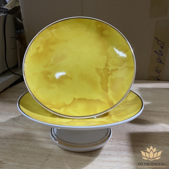 Đĩa sứ thờ họa tiết Đá Hoa Cương Ngang 23cm - Vàng 
