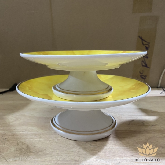 Đĩa sứ thờ họa tiết Đá Hoa Cương Ngang 23cm - Vàng 