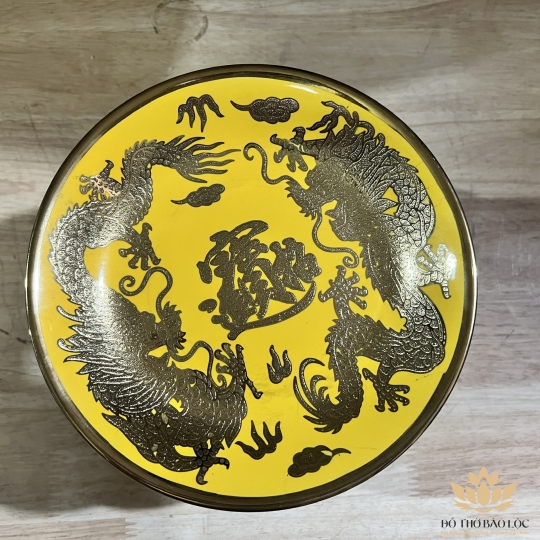 Đĩa sứ đựng trái cây thờ cúng vàng 3D đường kính 25 cm
