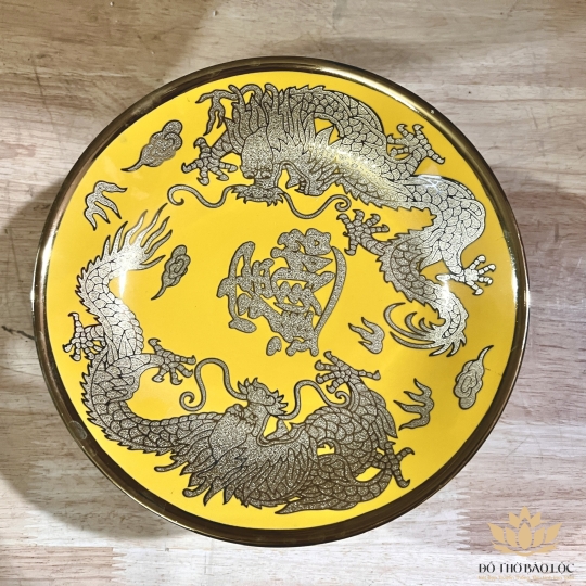 Đĩa sứ đựng trái cây thờ cúng vàng 3D đường kính 25 cm