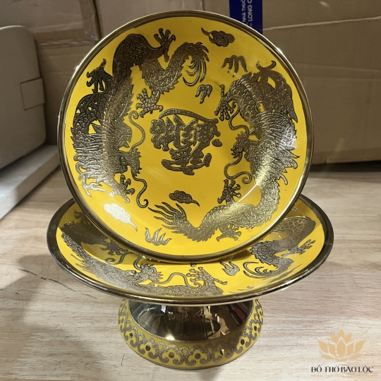 Đĩa sứ đựng trái cây thờ cúng vàng 3D đường kính 25 cm
