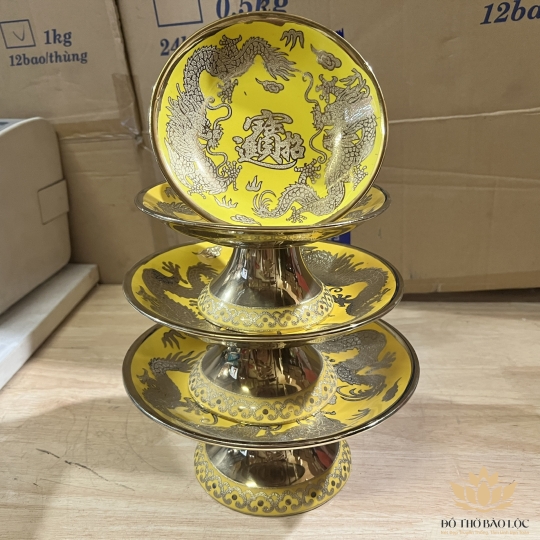 Đĩa sứ đựng trái cây thờ cúng vàng 3D đường kính 25 cm
