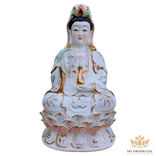 Tượng Quan Âm gốm sứ cao cấp màu trắng ngồi trên đài sen cao 45cm