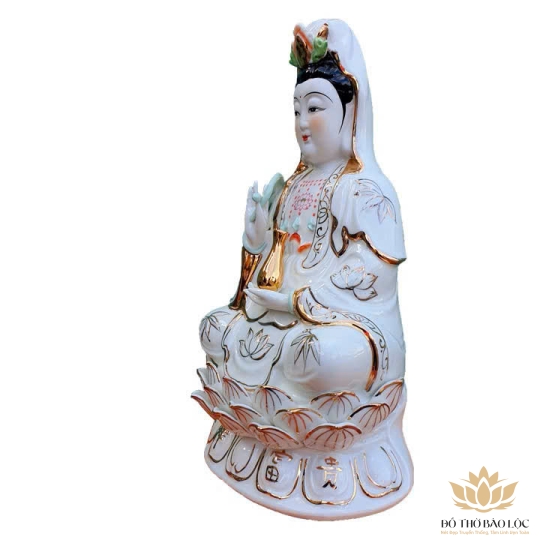 Tượng Quan Âm gốm sứ cao cấp màu trắng ngồi trên đài sen cao 45cm