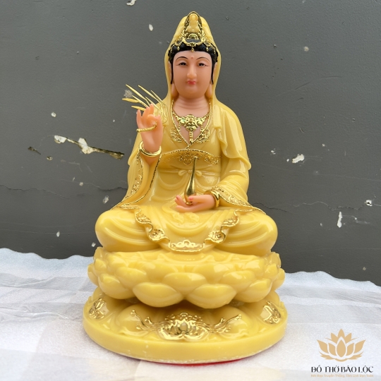 Tượng Phật Quan Âm ngồi đài sen đá Việt Nam cao cấp cao 30cm – Màu vàng thạch anh