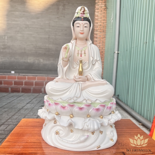 Tượng Quan Âm ngồi Đài Sen Sứ Đức Hóa Cao Cấp hàng nhập khẩu Cao 29cm