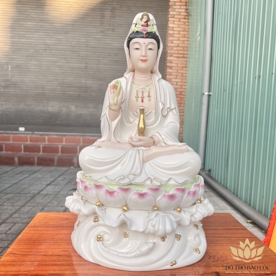 Tượng Quan Âm ngồi Đài Sen Sứ Đức Hóa Cao Cấp hàng nhập khẩu Cao 29cm