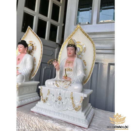 [16inch] Tượng Quan Thế Âm Bồ Tát Đá Nhập Khẩu Cao Cấp Đế Vuông Cao 40cm - Màu Trắng