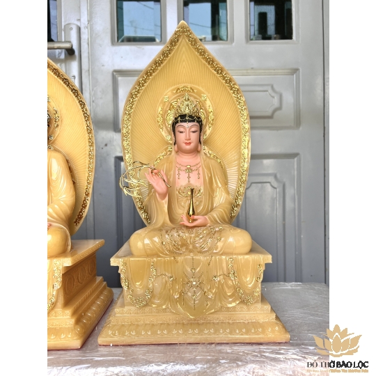 [16inch] Tượng Quan Thế Âm Bồ Tát Đá Nhập Khẩu Cao Cấp Đế Vuông Cao 40cm - Màu Vàng