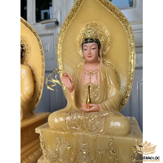 [16inch] Tượng Quan Thế Âm Bồ Tát Đá Nhập Khẩu Cao Cấp Đế Vuông Cao 40cm - Màu Vàng