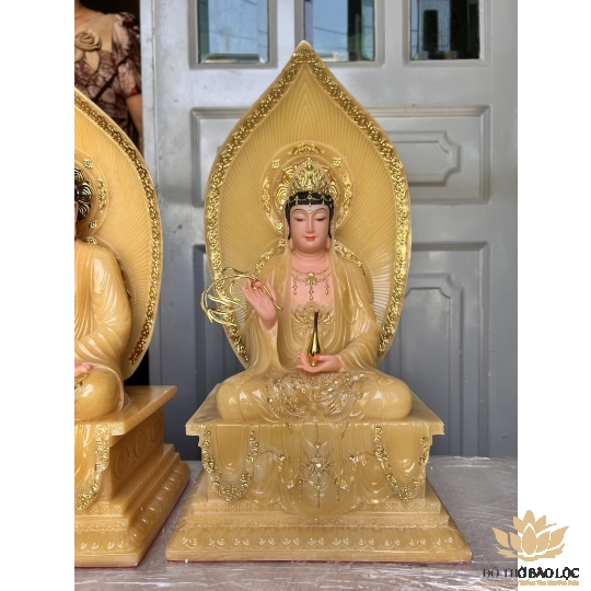 [16inch] Tượng Quan Thế Âm Bồ Tát Đá Nhập Khẩu Cao Cấp Đế Vuông Cao 40cm - Màu Vàng