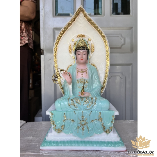 [16inch] Tượng Quan Thế Âm Bồ Tát Đá Nhập Khẩu Cao Cấp Đế Vuông Cao 40cm - Màu Xanh