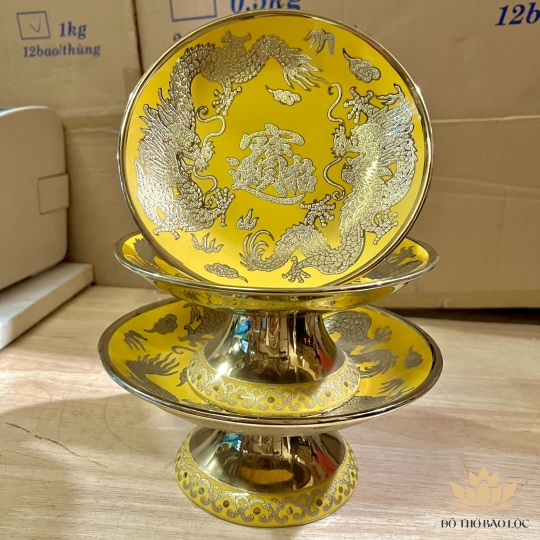 Đĩa sứ đựng trái cây thờ cúng vàng 3D đường kính 25 cm