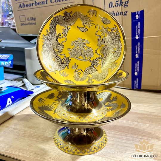Đĩa sứ đựng trái cây thờ cúng vàng 3D đường kính 25 cm