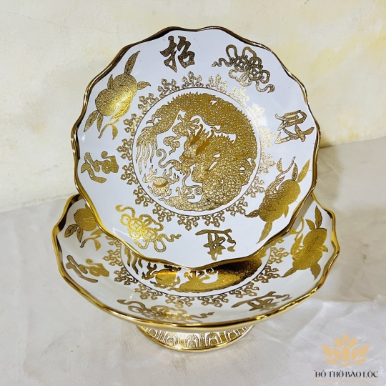 Đĩa sứ đựng trái cây thờ cúng sứ 3D vàng đường kính 23cm