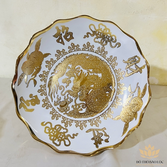 Đĩa sứ đựng trái cây thờ cúng sứ 3D vàng đường kính 23cm