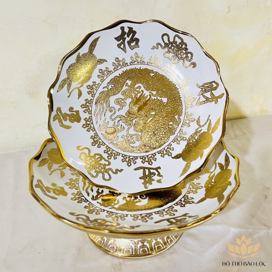 Đĩa sứ đựng trái cây thờ cúng sứ 3D vàng đường kính 23cm