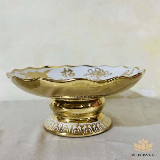 Đĩa sứ đựng trái cây thờ cúng sứ 3D vàng đường kính 23cm