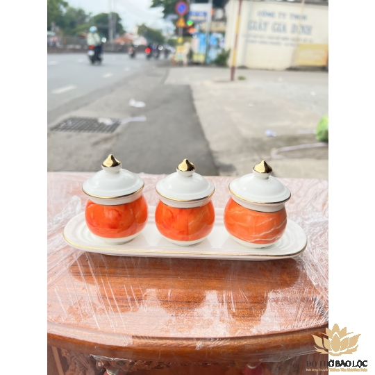 Chum nước, áng nước sứ họa tiết đá hoa cương có nắp 3 ly -  Đỏ