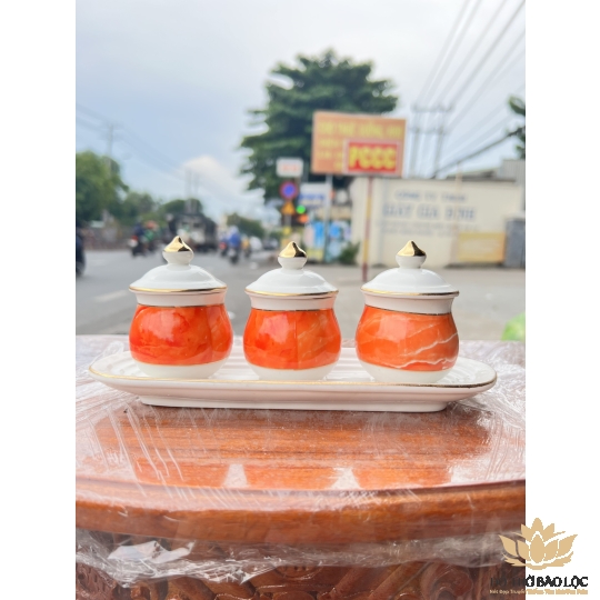 Chum nước, áng nước sứ họa tiết đá hoa cương có nắp 3 ly -  Đỏ