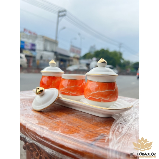 Chum nước, áng nước sứ họa tiết đá hoa cương có nắp 3 ly -  Đỏ