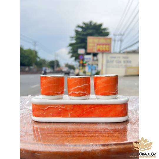 Chum nước, áng nước sứ họa tiết Đá Hoa Cương bộ 3 ly – Màu Đỏ