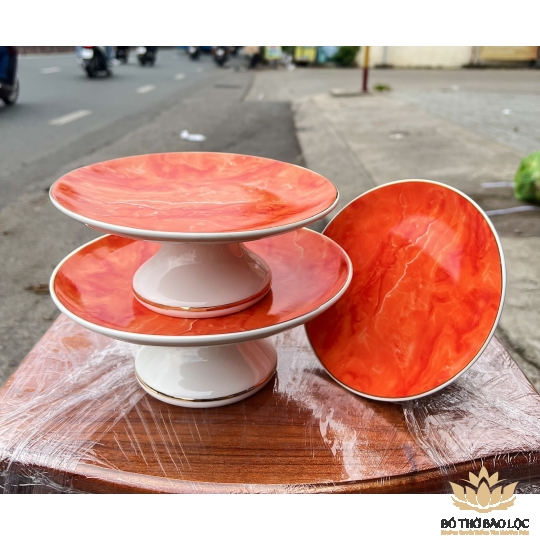 Đĩa sứ thờ sứ Đá Hoa Cương Ngang 22.5cm Cao 9cm - Màu Đỏ
