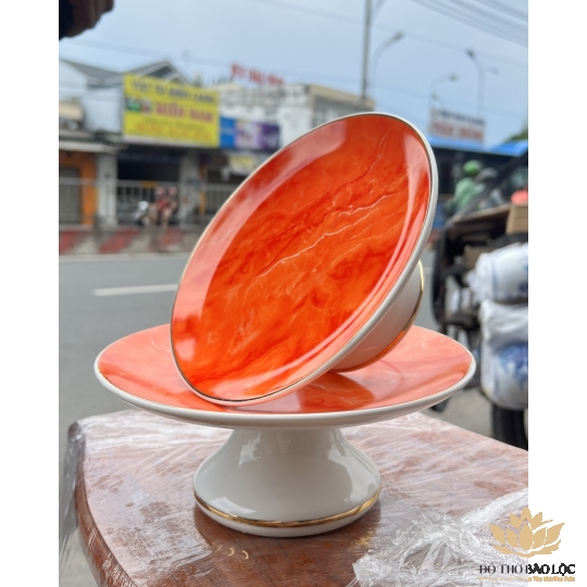 Đĩa sứ thờ sứ Đá Hoa Cương Ngang 17.5cm Cao 7.5cm - Màu Đỏ