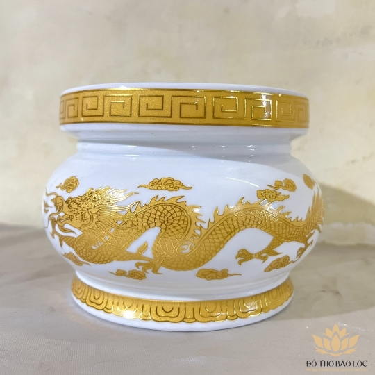 Lư Hương Sứ Trắng Rồng Vàng Hoa Văn Cao Cấp - Cao 12cm Ngang 15.5cm