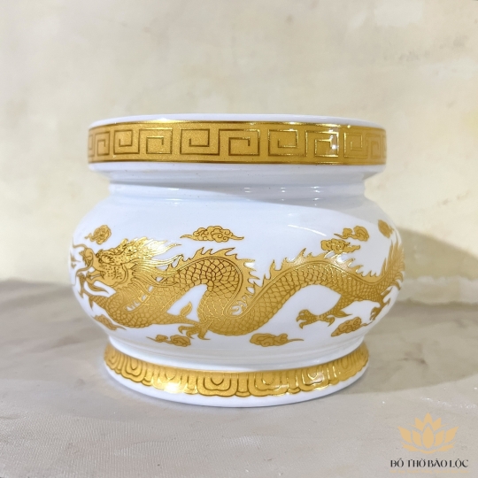 Lư Hương Sứ Trắng Rồng Vàng Hoa Văn Cao Cấp - Cao 8cm Ngang 11cm