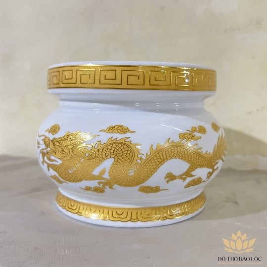 Lư Hương Sứ Trắng Rồng Vàng Hoa Văn Cao Cấp - Cao 9cm Ngang 12cm