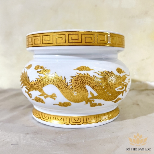 Lư Hương Sứ Trắng Rồng Vàng Hoa Văn Cao Cấp - Cao 6.5 Ngang 8cm