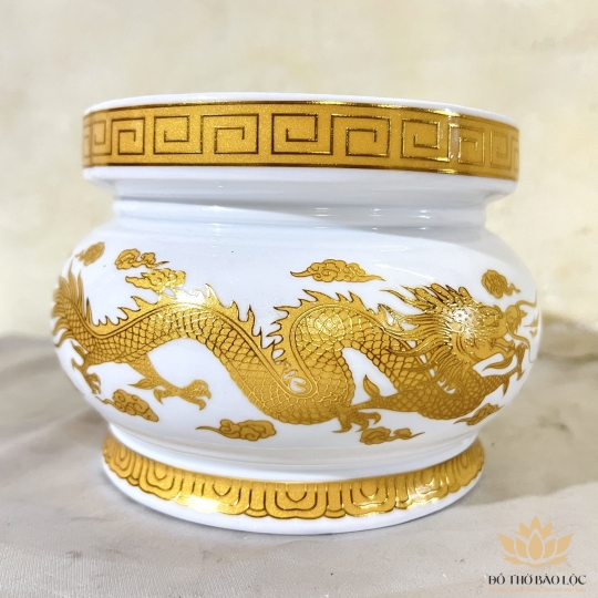 Lư Hương Sứ Trắng Rồng Vàng Hoa Văn Cao Cấp - Cao 9cm Ngang 12cm