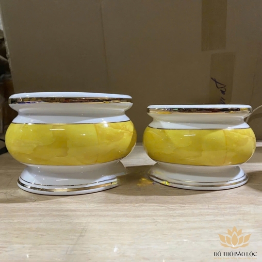 Bát nhang sứ họa tiết Đá Hoa Cương cao 10 ngang 14.5cm - Màu Vàng
