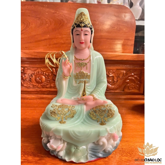 Tượng Phật Quan Âm Ngồi Đài Sen Cao 30cm Đá Nhập Khẩu -Màu Xanh Ngọc