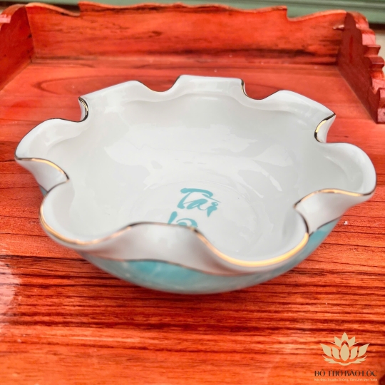 Bát Sen Thả Hoa, Bát “Minh đường tụ thủy” Vân Đá Hoa Cương Chữ Tài Lộc Màu Xanh Ngang 22cm