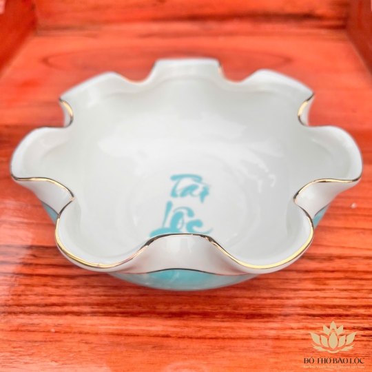 Bát Sen Thả Hoa, Bát “Minh đường tụ thủy” Vân Đá Hoa Cương Chữ Tài Lộc Màu Xanh Ngang 22cm