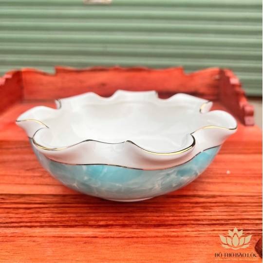 Bát Sen Thả Hoa, Bát “Minh đường tụ thủy” Vân Đá Hoa Cương Chữ Tài Lộc Màu Xanh Ngang 20cm