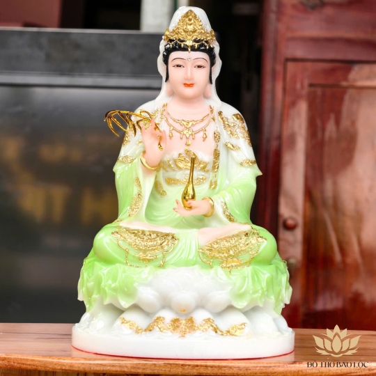Tượng Quan Âm Ngồi Đài Sen Màu Xanh Ngọc cao 29cm