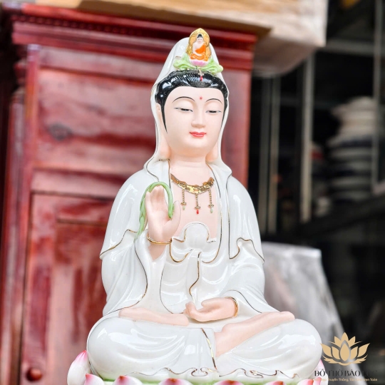 Tượng Quan Âm Ngồi Đài Sen bằng sứ đức hóa cao 33cm