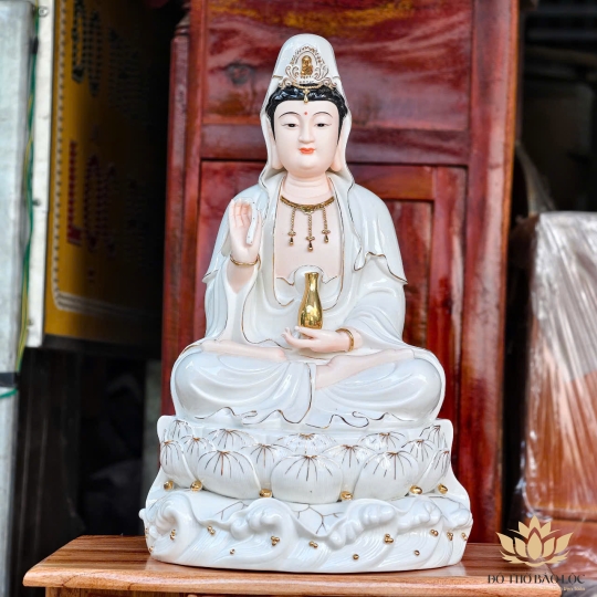 Tượng Quan Thế Âm Bồ Tát Ngồi Đài Sen Bằng Sứ Cao Cấp cao 40cm